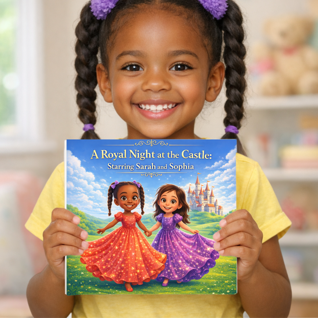 A girl holding up her princess storybook