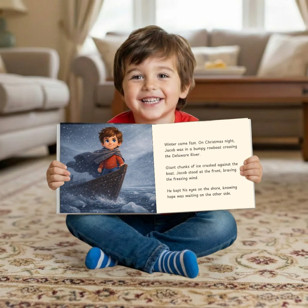 Child holding open his custom storybook