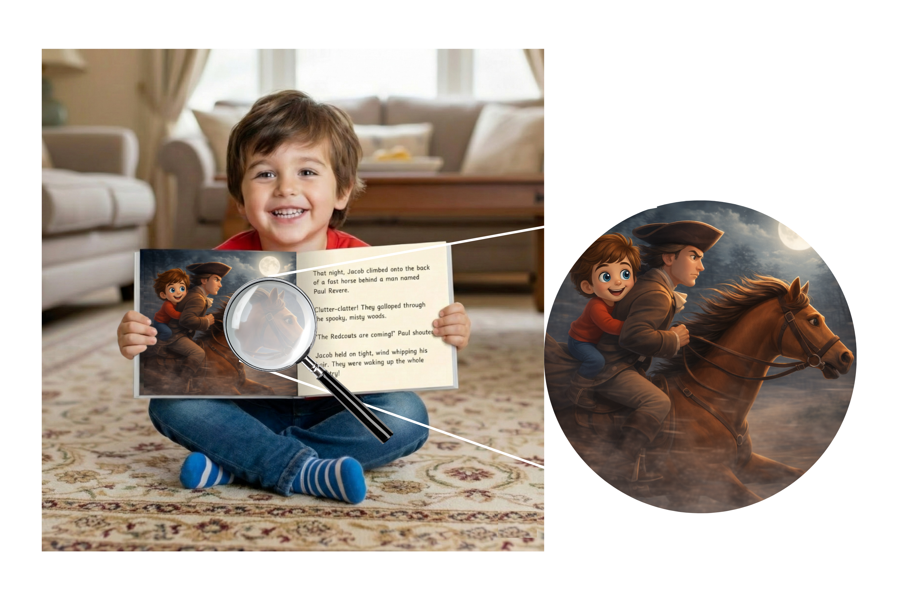 Child excited reading their Revolutionary War storybook